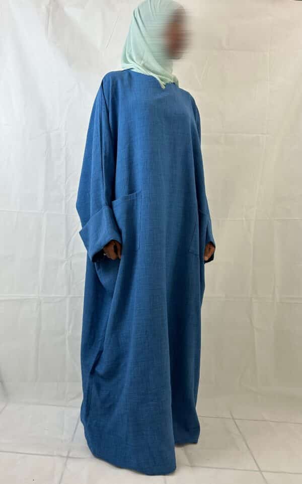 Abaya LÉNA Tissu Effet Lin, couleur bleu jeans