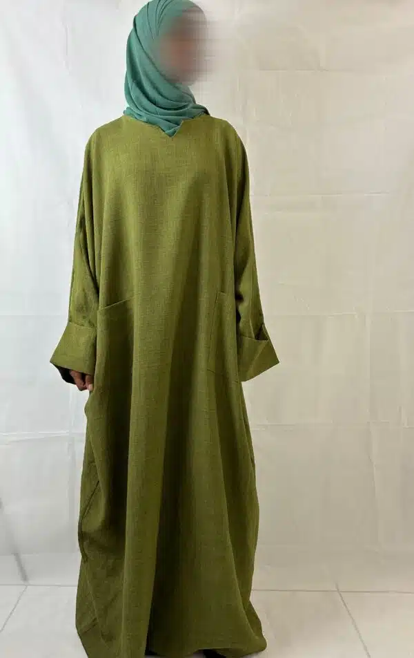 Abaya LÉNA Tissu Effet Lin, couleur olive