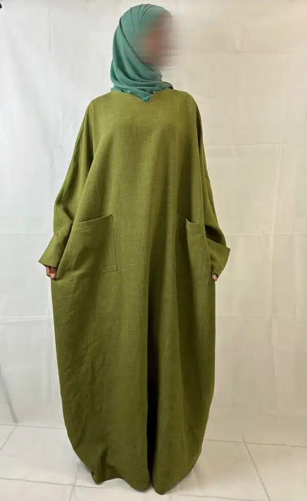 Abaya LÉNA Tissu Effet Lin, couleur olive