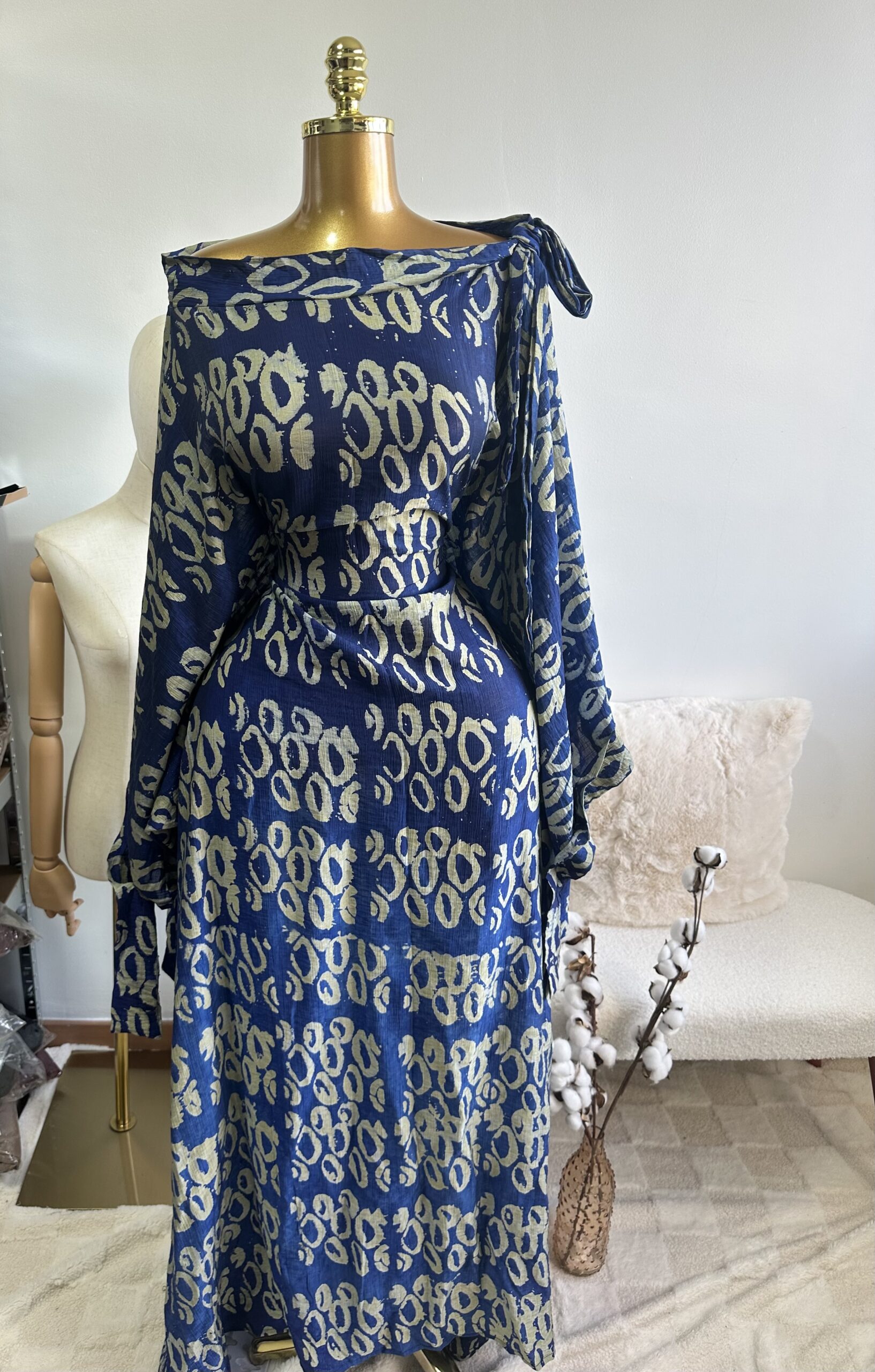 Robe longue à motifs tissu Adiré